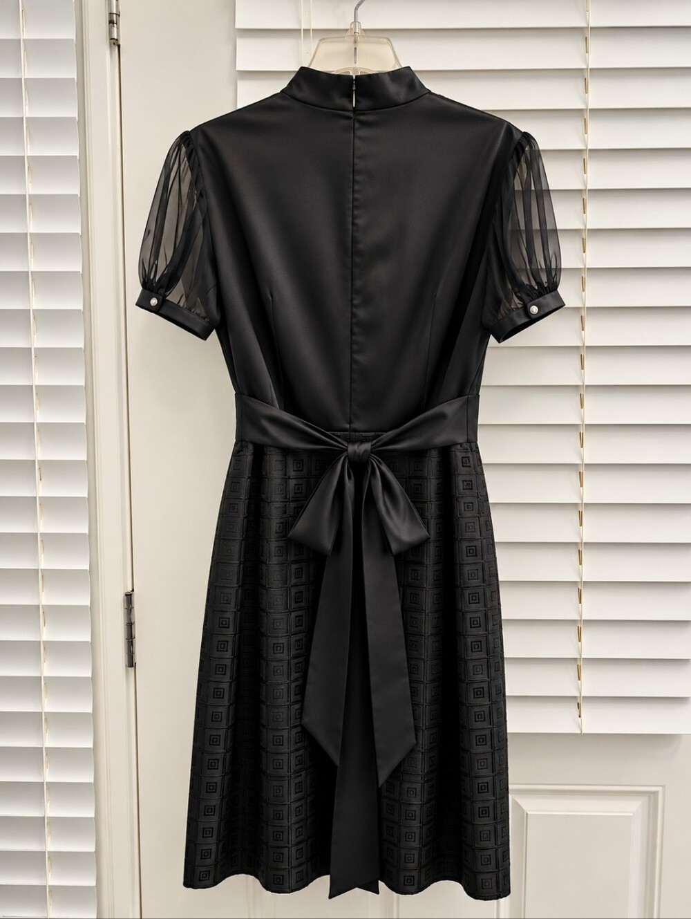 ANTONIO MELANI Black Pleated Bodice Midi Dress with Sheer Sleeves